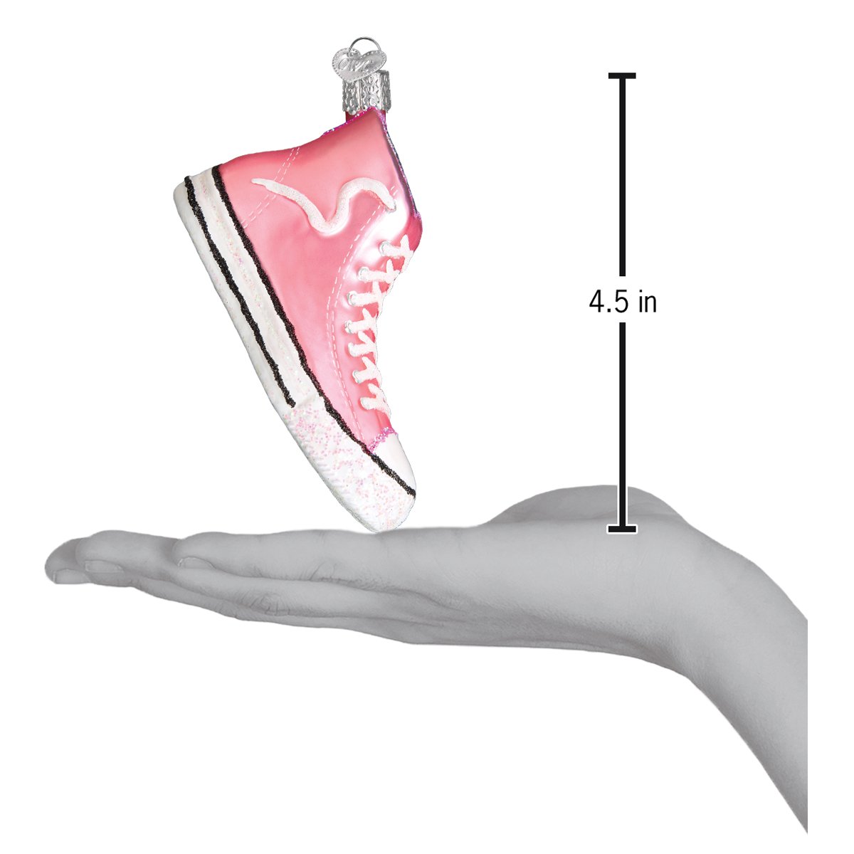Pink sneaker ornament held in a hand with a measurement label indicating 4.5 inches.