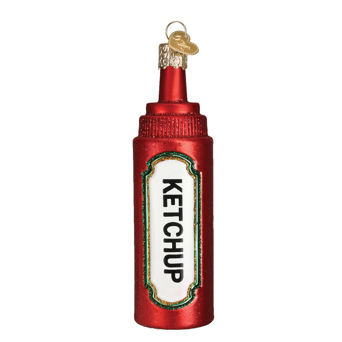 Decorative glass ornament shaped like a ketchup bottle with 'Ketchup' label on a white background