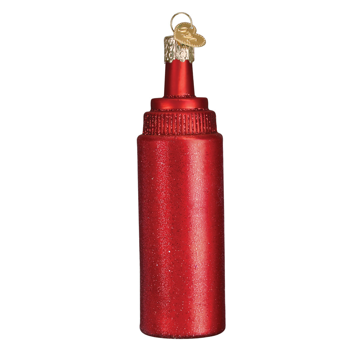 Red glittery condiment bottle ornament on a white background