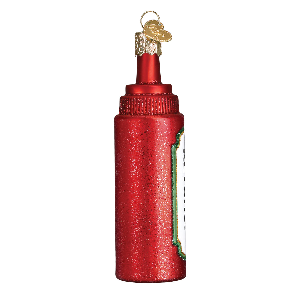 Red ketchup bottle ornament on a white background