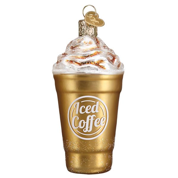 Blended Coffee Ornament in gold iced coffee cup design, topped with whipped cream and syrup.