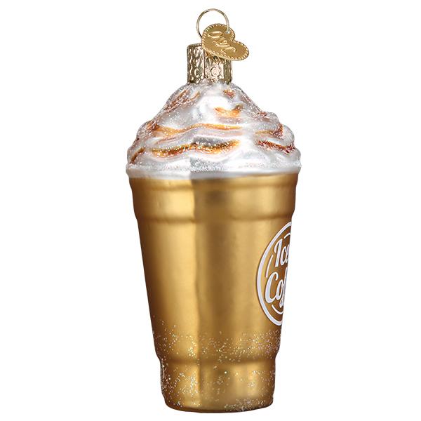 Blended Coffee Ornament depicting a golden coffee cup topped with whipped cream and a festive design.