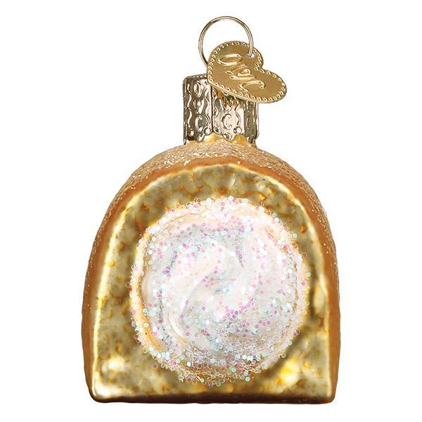 Decorative glass ornament shaped like a Twinkie with a gold finish on a white background