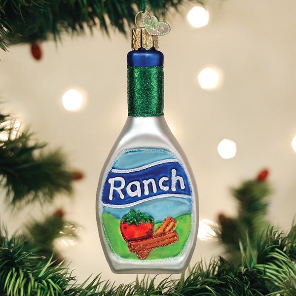 Ranch dressing bottle ornament hanging on a Christmas tree.