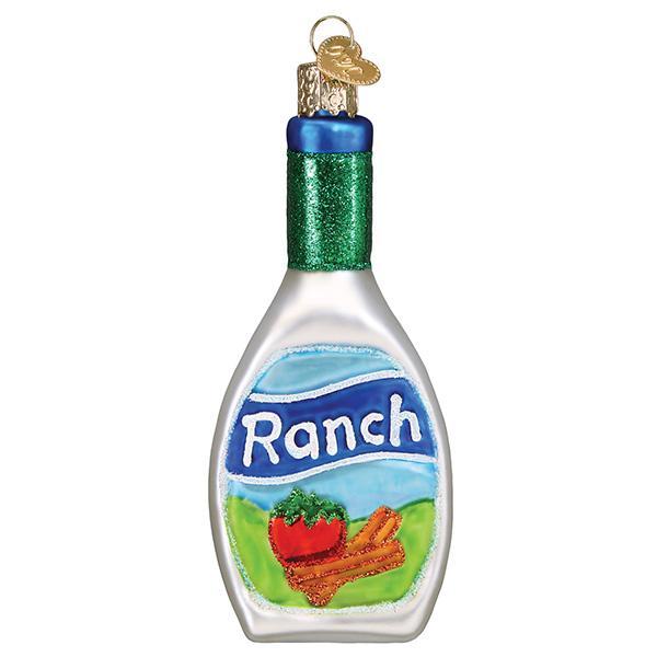 Decorative ornament shaped like a ranch dressing bottle with a white background