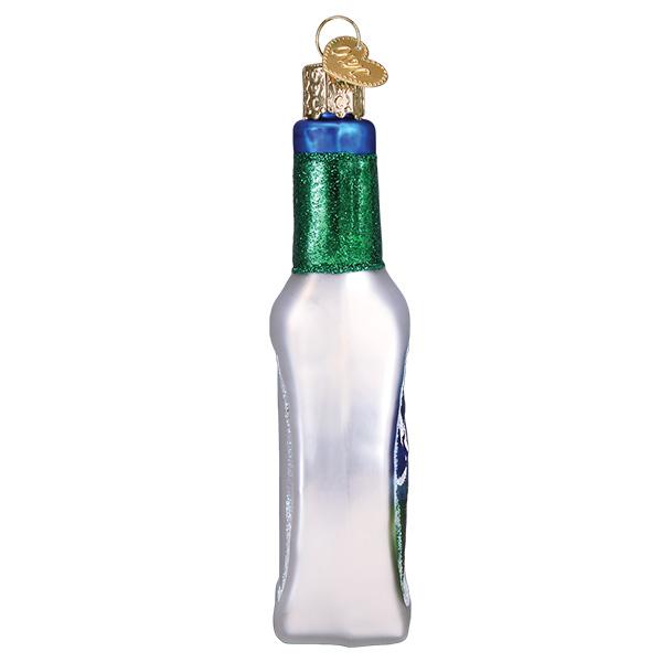 Decorative bottle ornament with a blue cap and green label on a white background