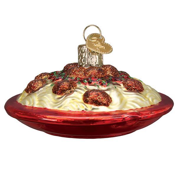 Spaghetti and Meatballs Ornament featuring a glass dish of spaghetti topped with meatballs and colorful sprinkles.