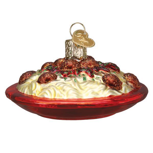 Spaghetti and Meatballs Ornament, a festive decoration displaying spaghetti and meatballs in a red dish.