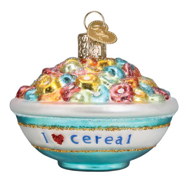 Decorative ornament shaped like a bowl of cereal with colorful cereal pieces on a white background.