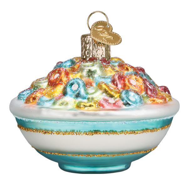 Decorative ornament resembling a bowl of cereal with colorful loops on a white background
