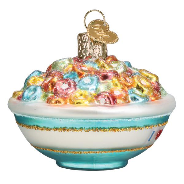 Decorative glass ornament resembling a bowl of colorful cereal on a white background