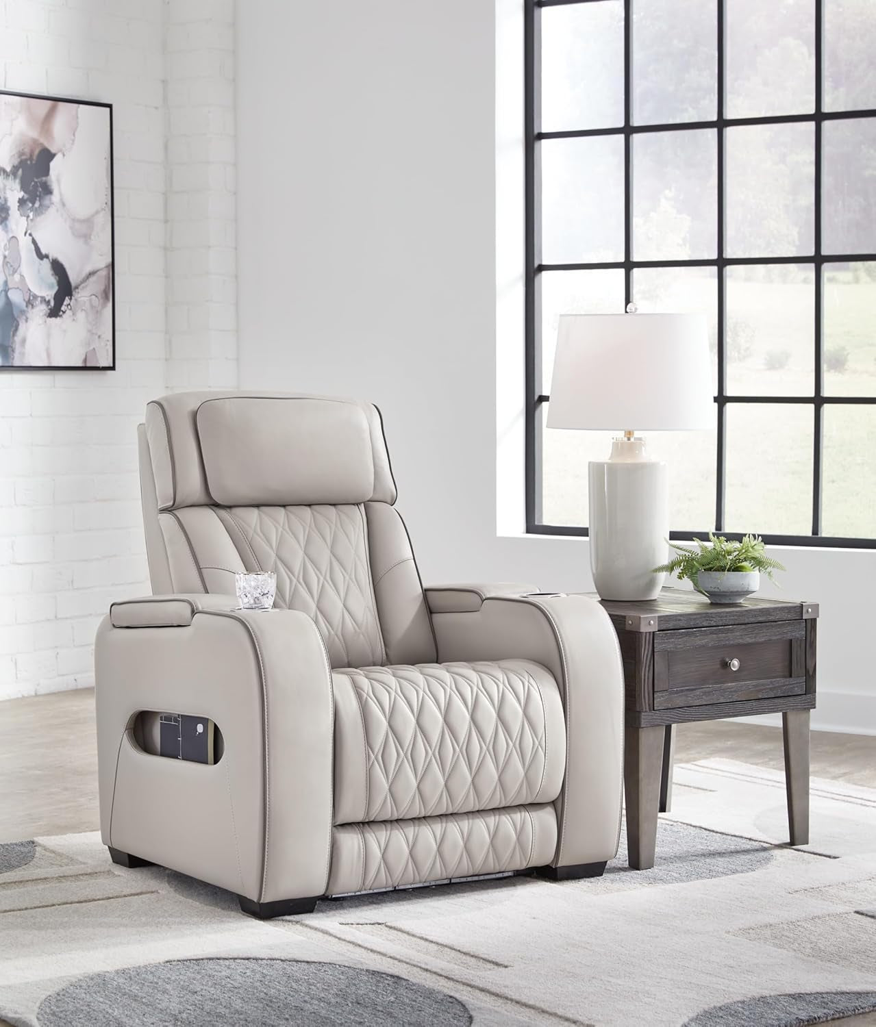 Light Gray Leather Power Recliner With Adjustable Headrest