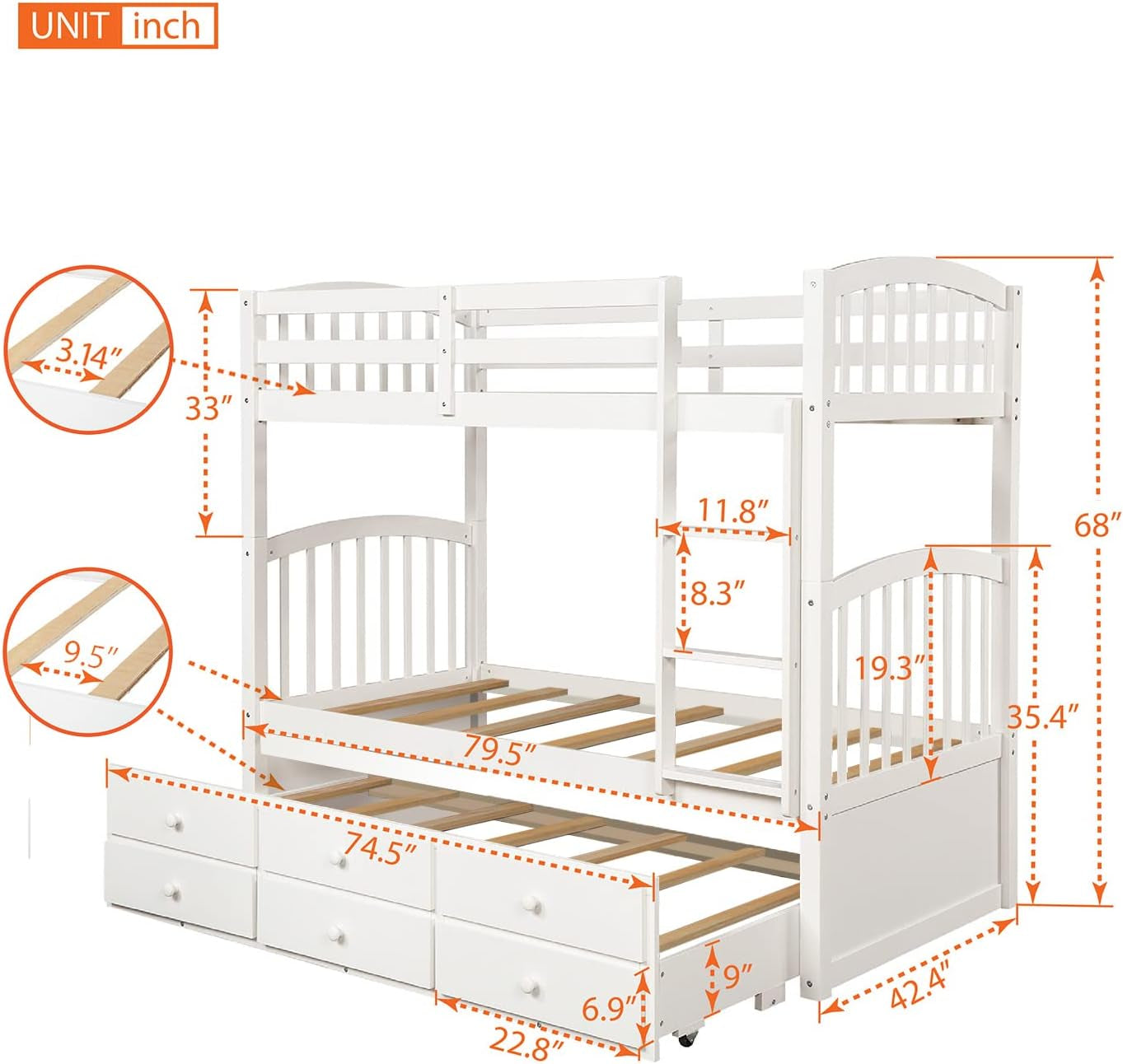 Twin Over Twin Bunk Bed With Trundle And Drawers White