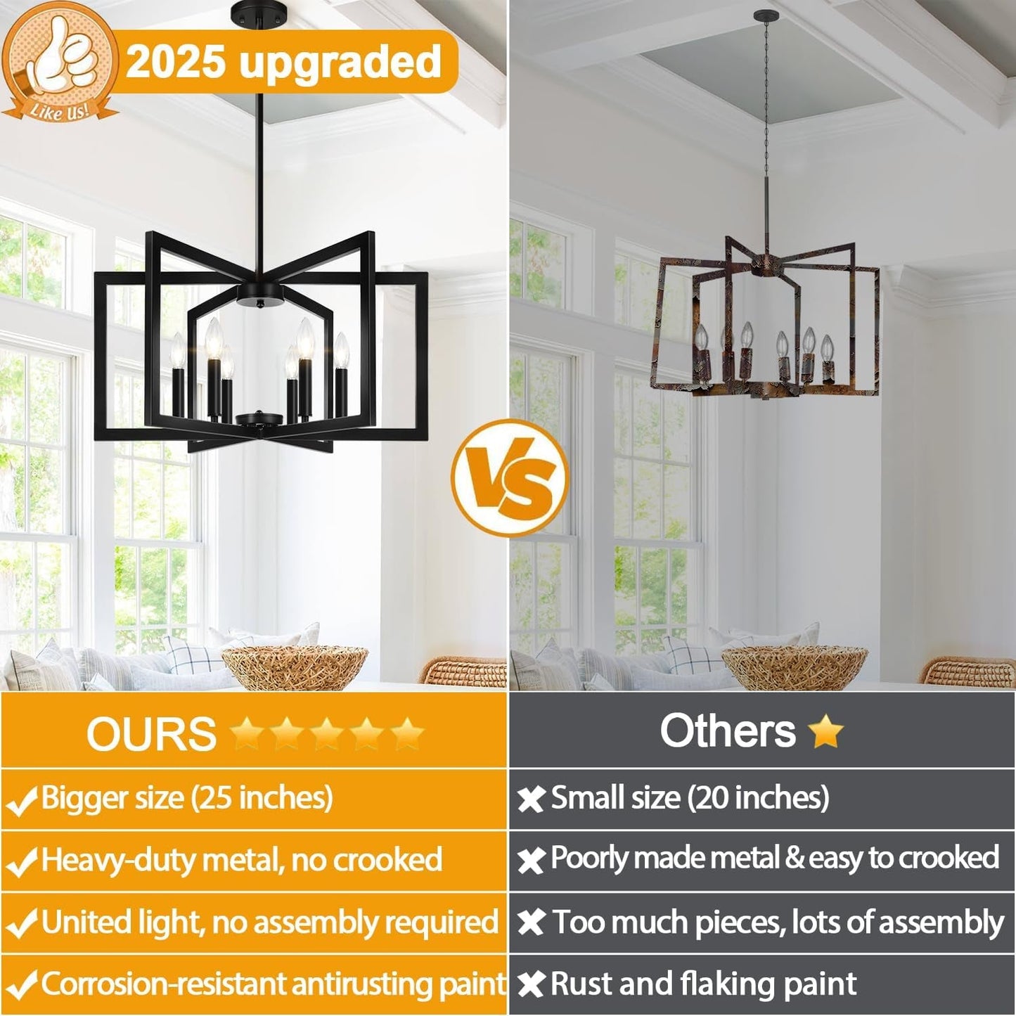 Black 6 Light Chandelier 25 Inch Geometric Square Frame
