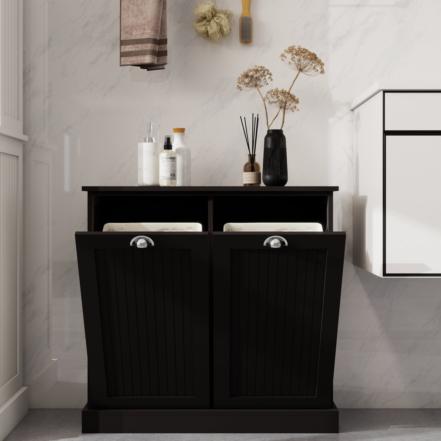 Two-Compartment Tilt-Out Laundry Sorter Cabinet-Black