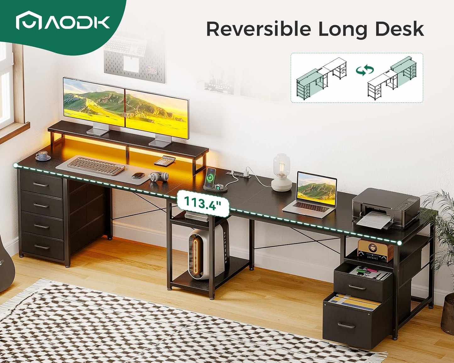 66 Inch L Shaped Computer Desk With LED Lights And Power Outlet