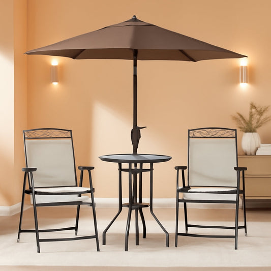 Patio Dining Set With 2 Folding Chairs Beige Umbrella