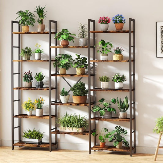 Rustic Brown Large Five Tier Bookshelf With Steel Frame