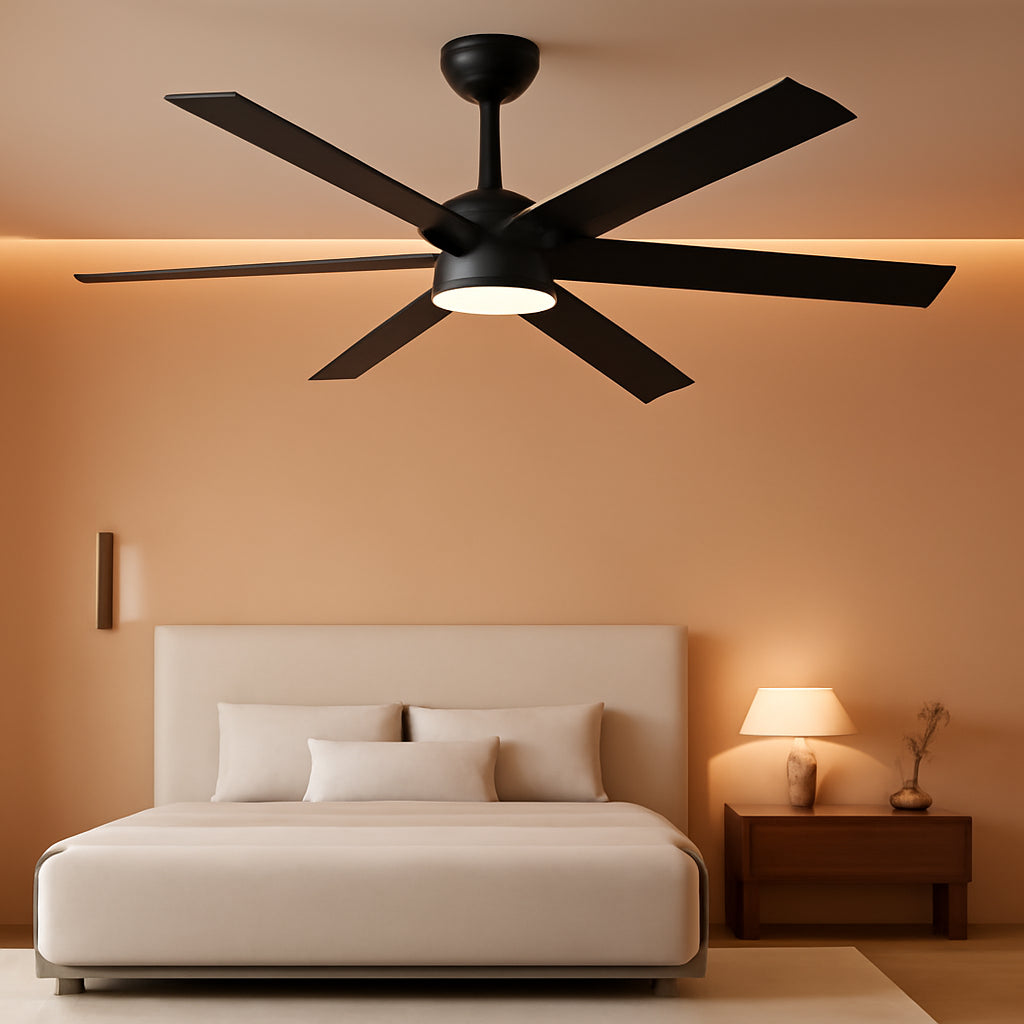 60 Inch Black Ceiling Fan With Lights Remote DC Motor hanging in a modern bedroom with soft lighting.