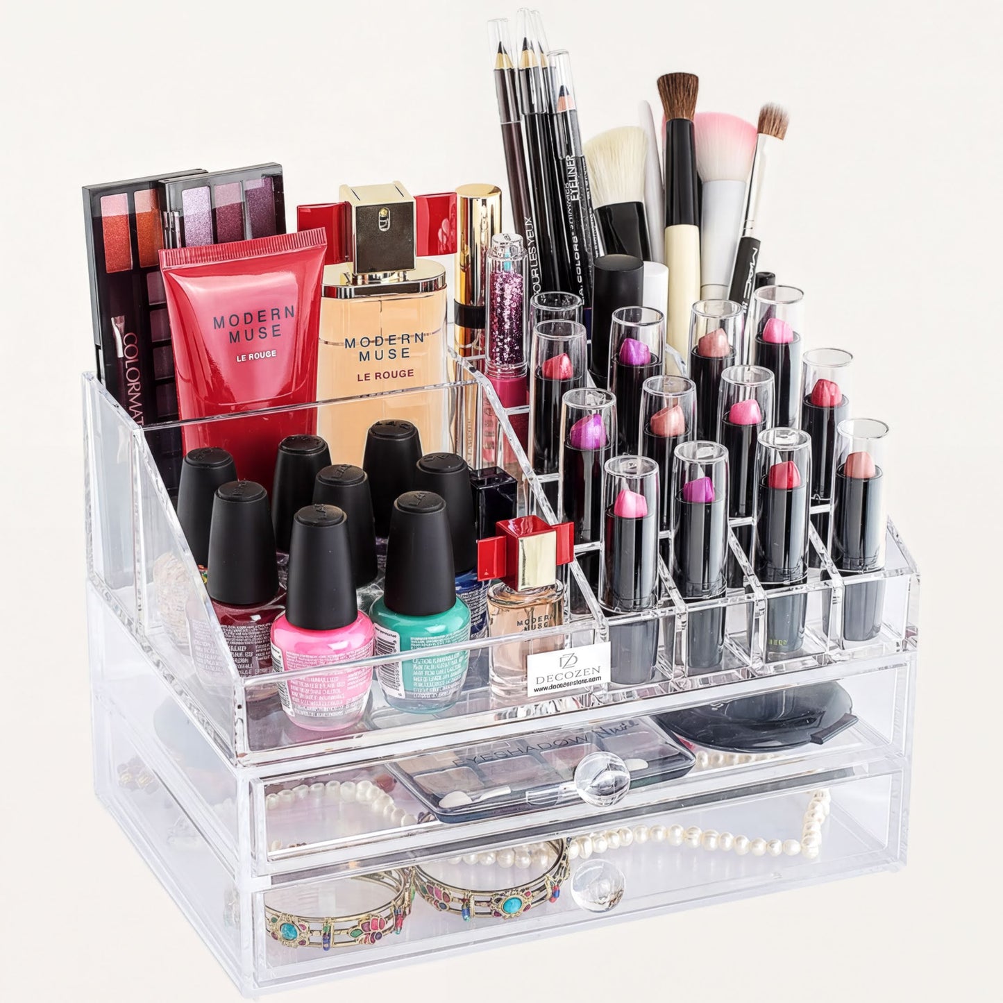 Clear Makeup Organizer - Acrylic Cosmetic Storage Box with 19 Slots & 2 Drawers
