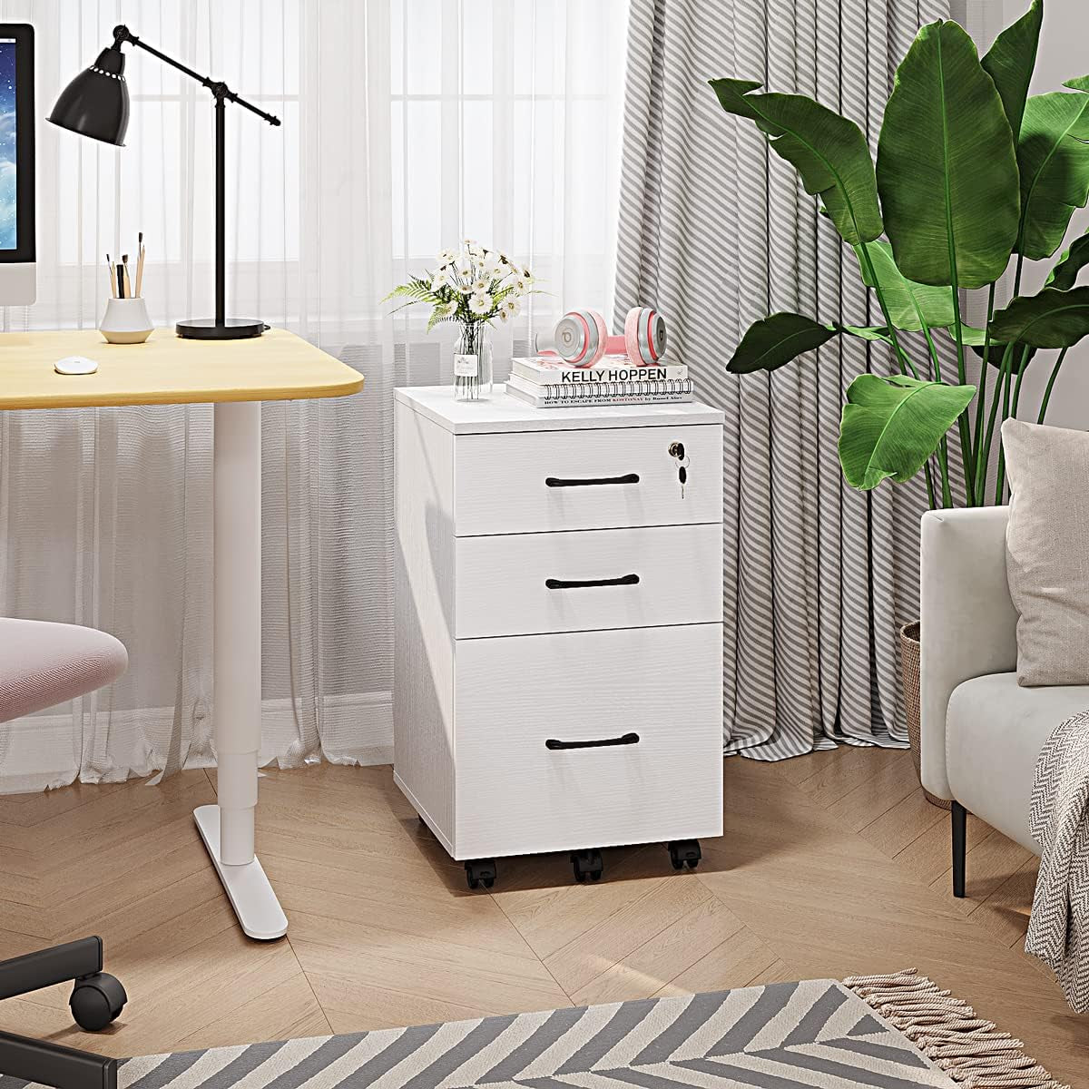 Three Drawer White Wood Mobile File Cabinet Under Desk Storage For Home Office Organization