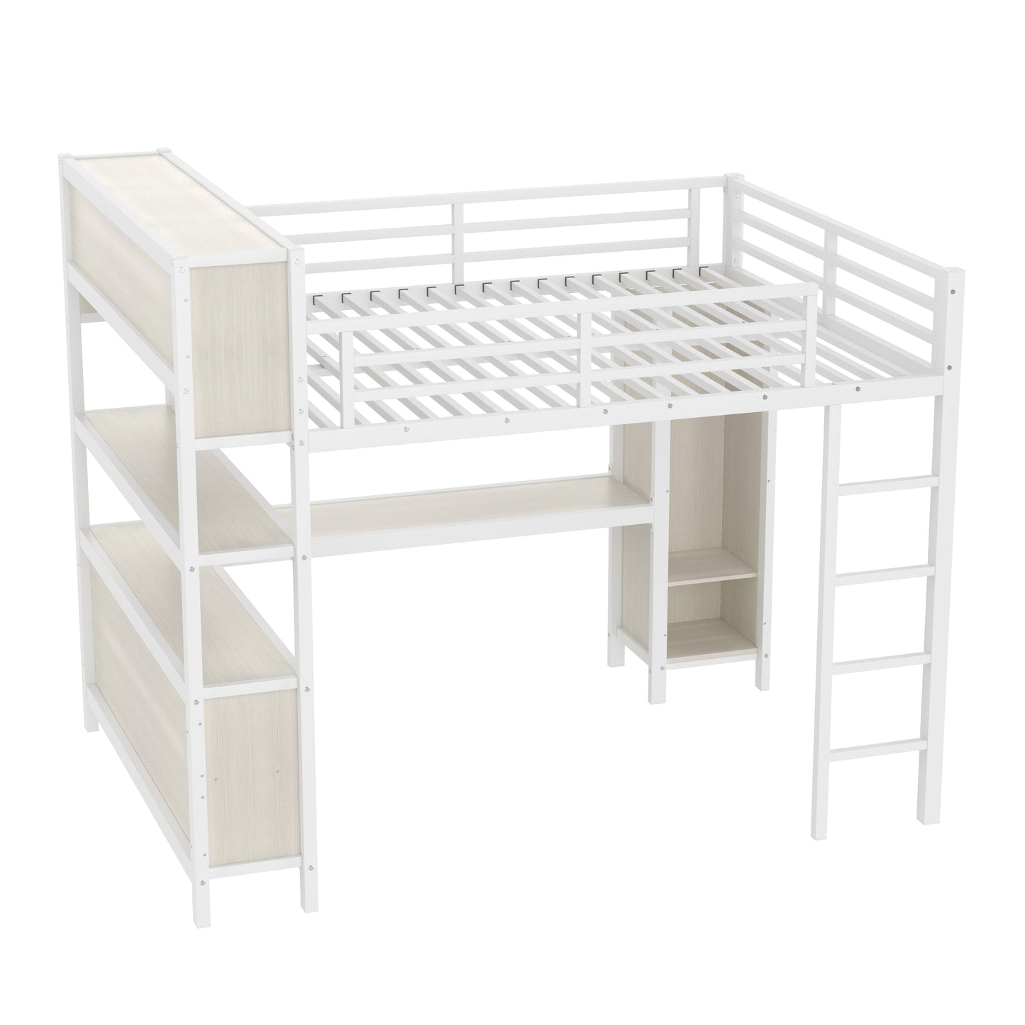 Metal Loft Bed with Wardrobe And L-shaped Desk, Queen Size Loft Bed with Storage Cubes and Shelves, Heavy Duty Loft Bed for Kids Teens Adults, White Wood-grain