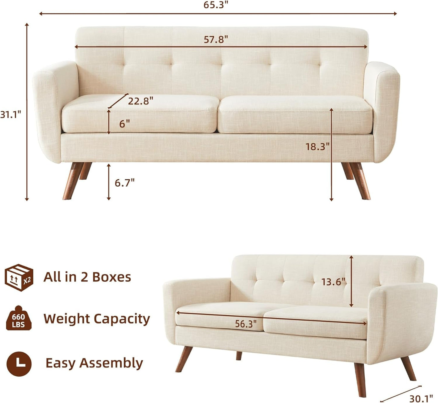 Modern Compact Beige Loveseat For Small Living Rooms