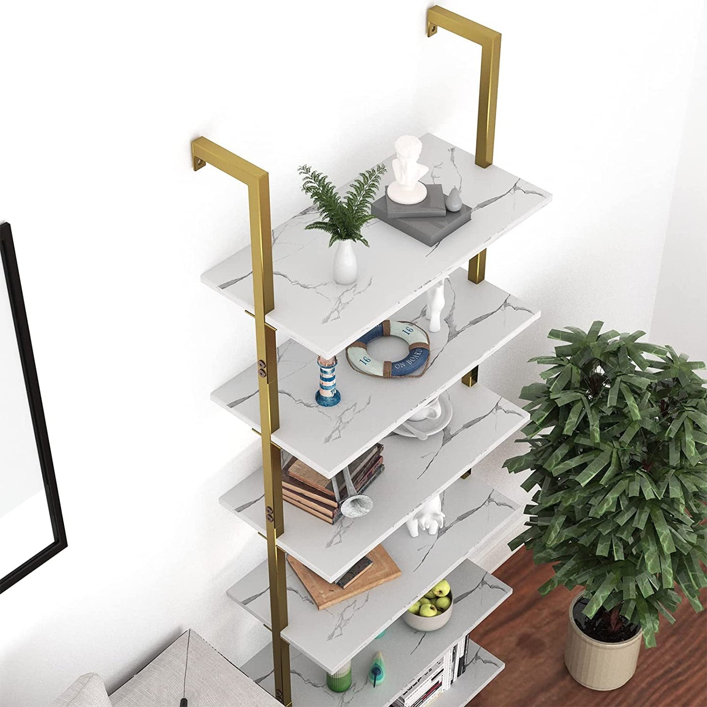 Marble White 6 Tier Ladder Shelf Bookcase Wall Mounted
