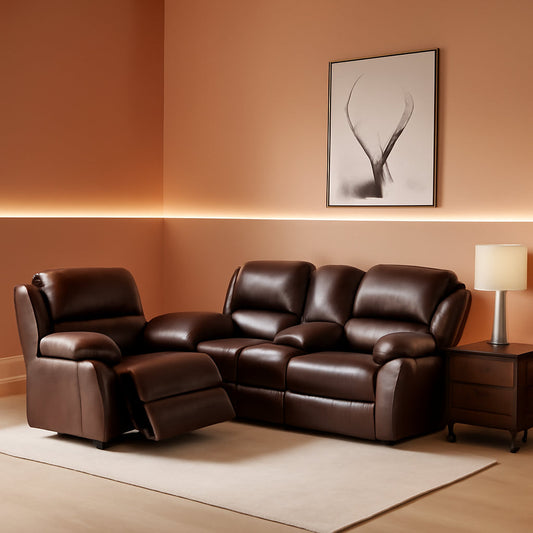 Brown 3 Piece Vegan Leather Recliner Sofa Set Cupholders