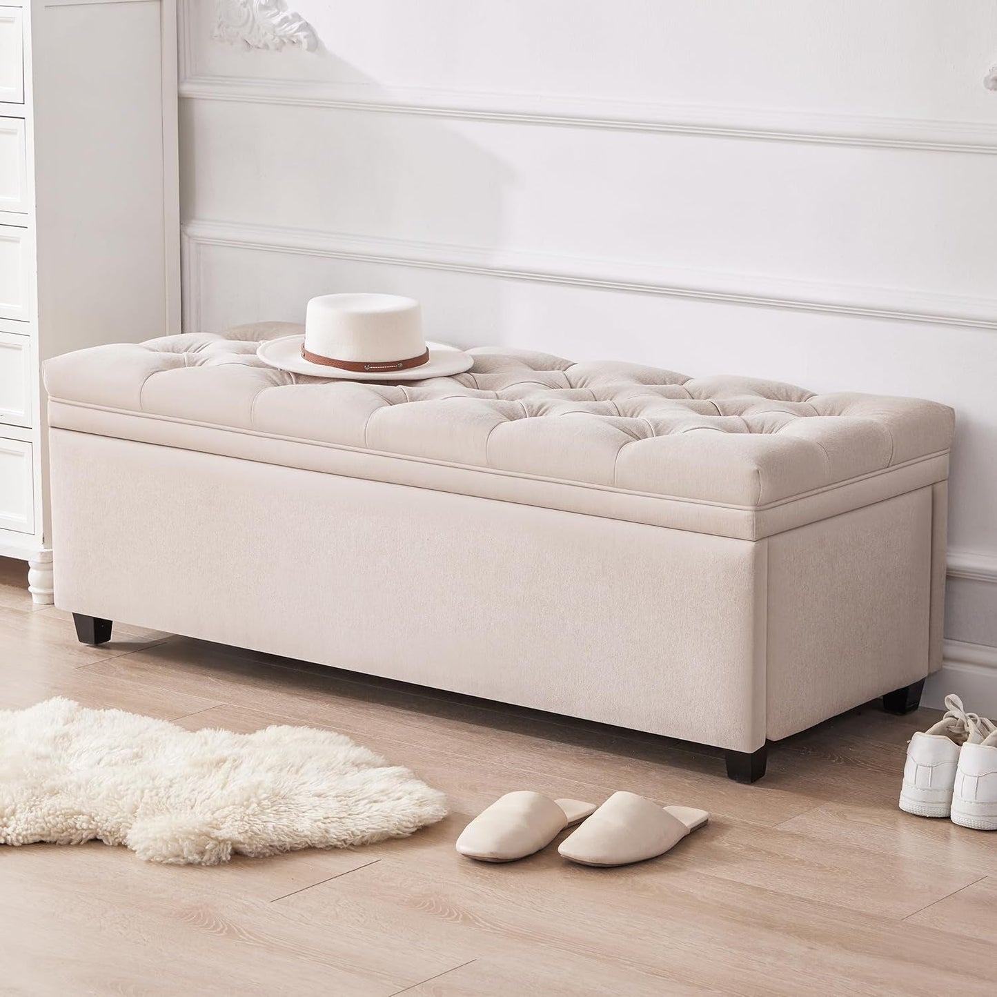 50 Inch Beige Tufted Storage Ottoman Bench Upholstered