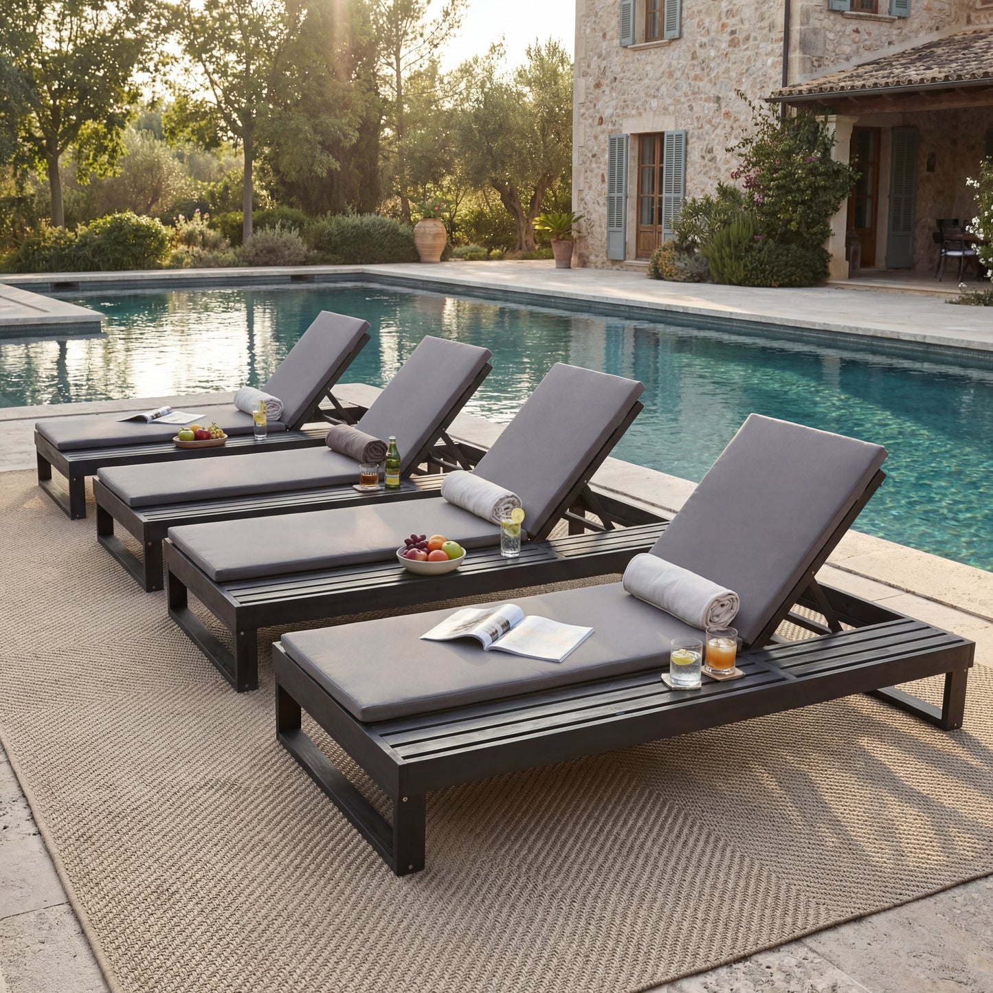 Black Acacia Wood Chaise Lounge with 1.57-Inch Cushion