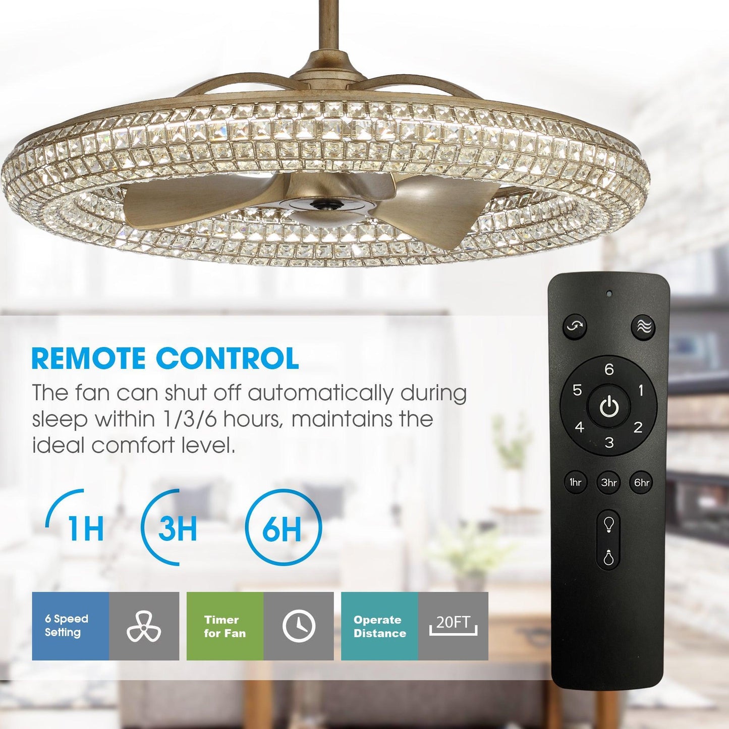 33" Modern DC Motor Crystal Ceiling Fan with Lighting and Remote Control