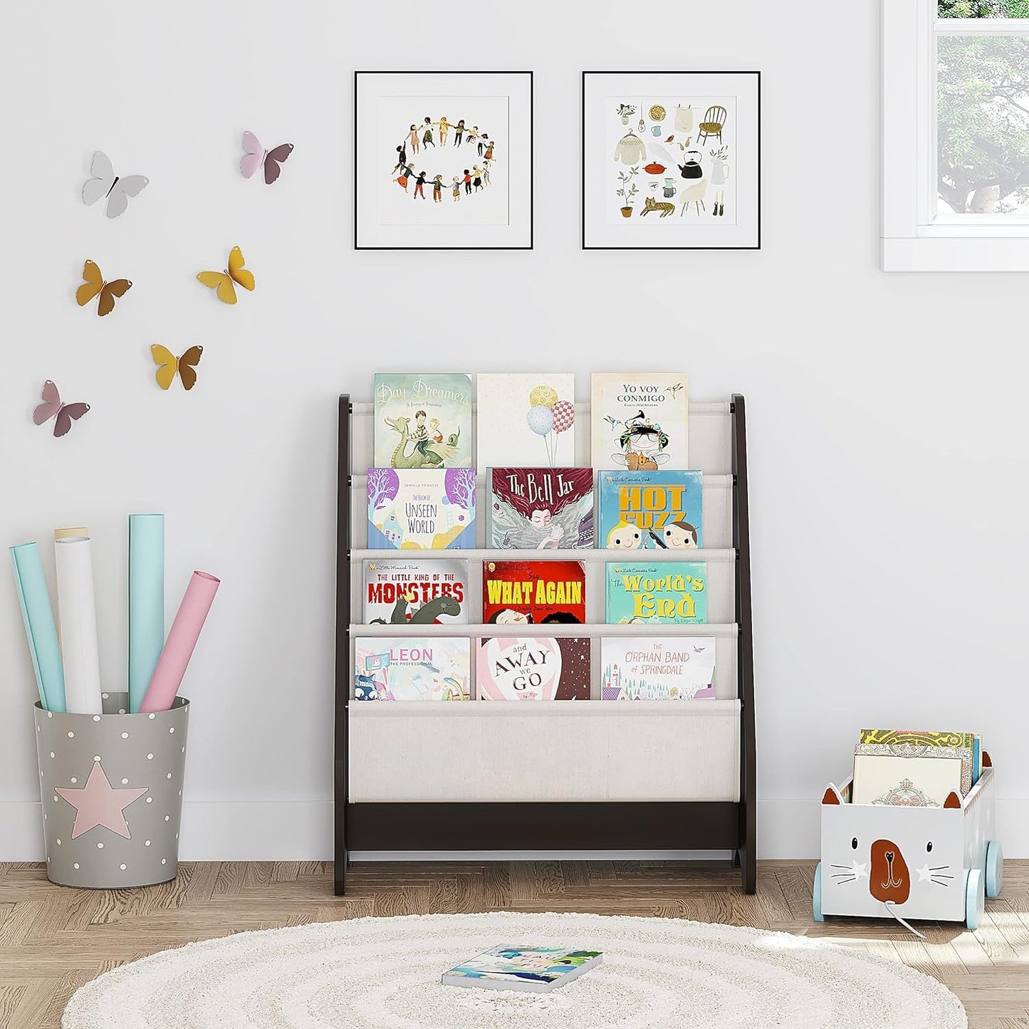 Kids Sling Bookshelf Espresso With Magazine Rack Organizer For Kids Room