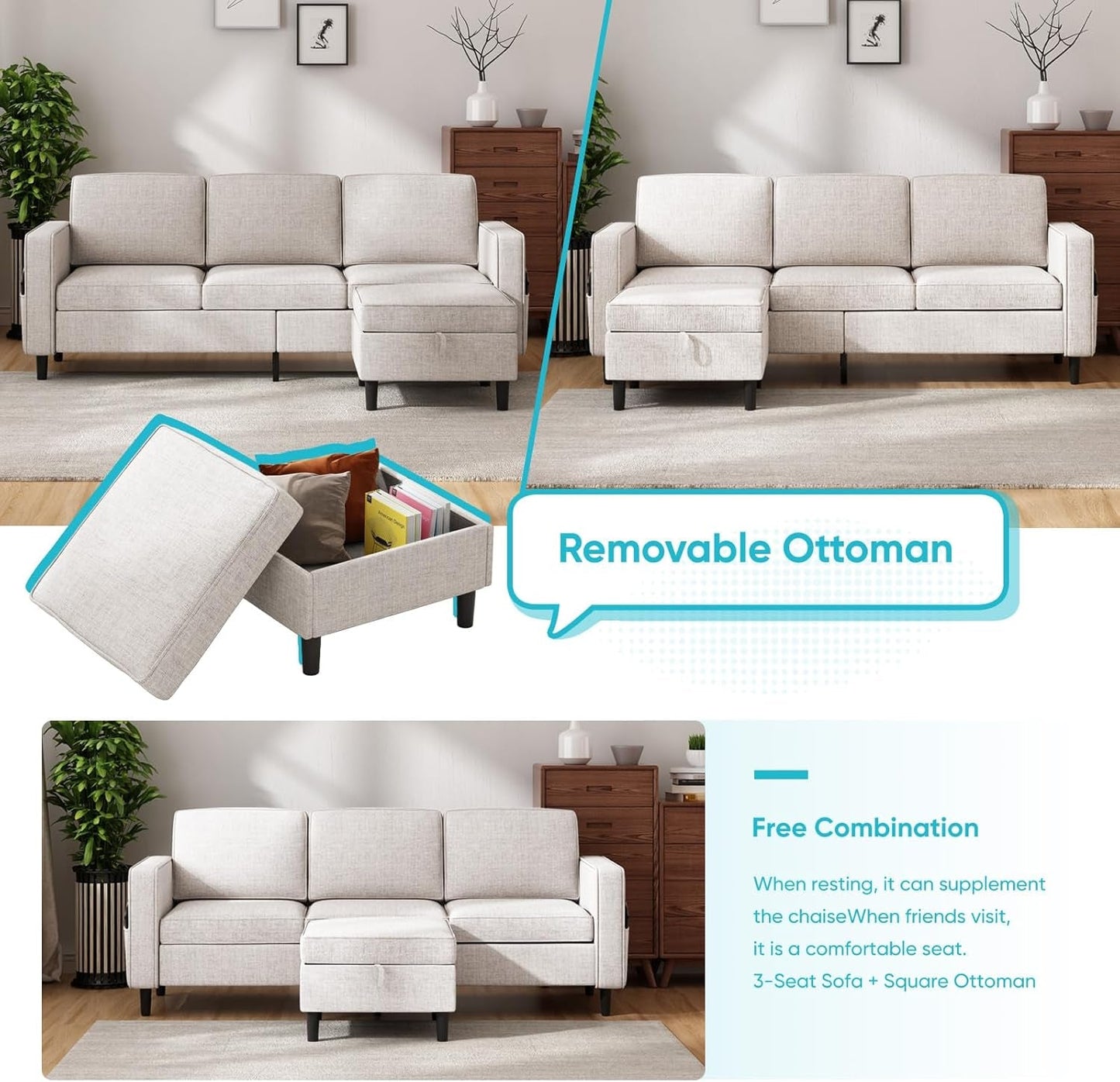 Beige 6 Seater Sectional Sofa With Movable Ottoman