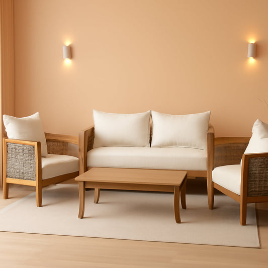 Burchett Outdoor 4 Piece Chat Set Acacia Wood And Wicker Teak Brown Beige