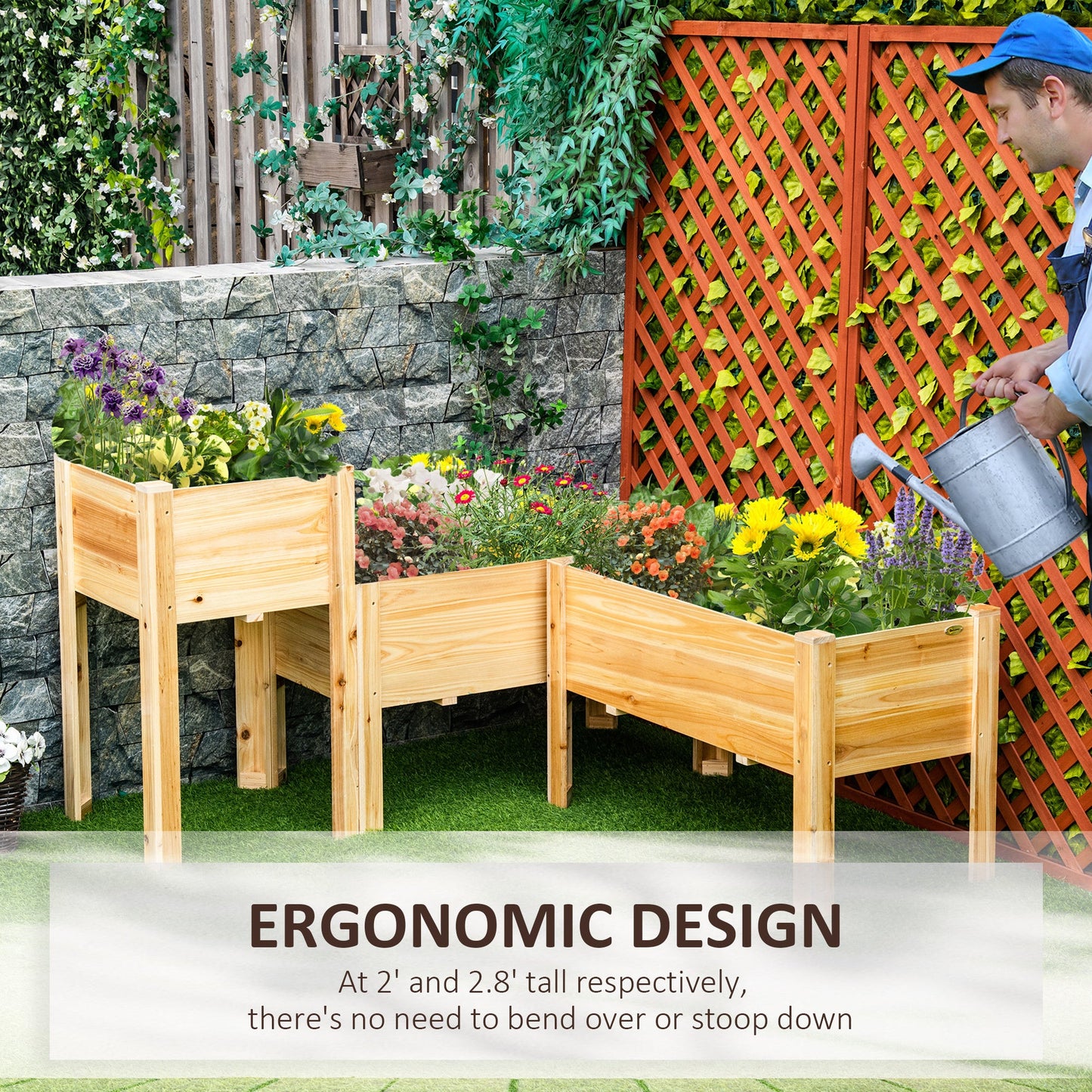 Outsunny Raised Garden Bed Set of 3, Wooden Elevated Planter Box with Legs and Bed Liner, for Backyard and Patio to Grow Vegetables, Herbs, and Flowers, Natural