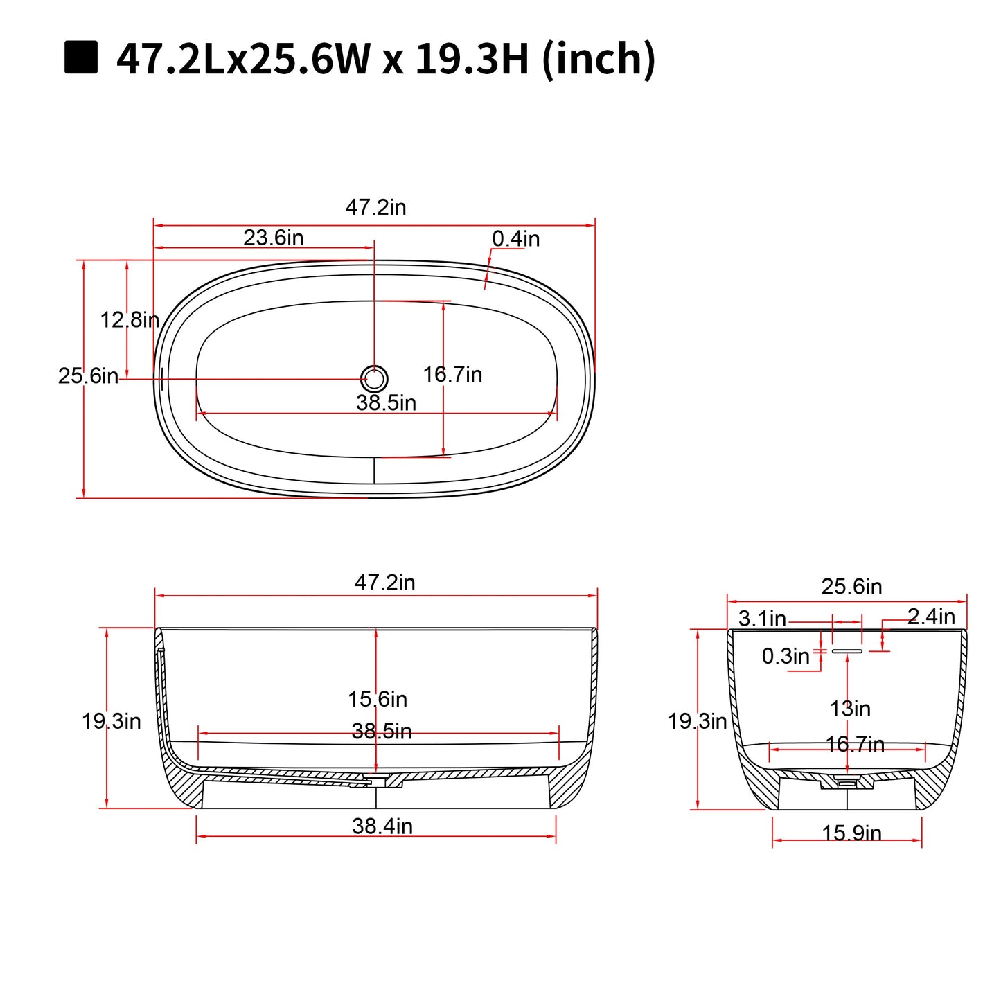 47'' Freestanding Bathtub Resin Stone Soaking Bathtub