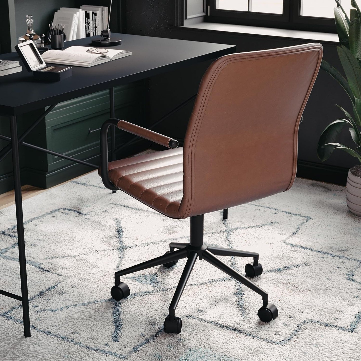 Saddle Brown Faux Leather Swivel Task Chair With Armrests