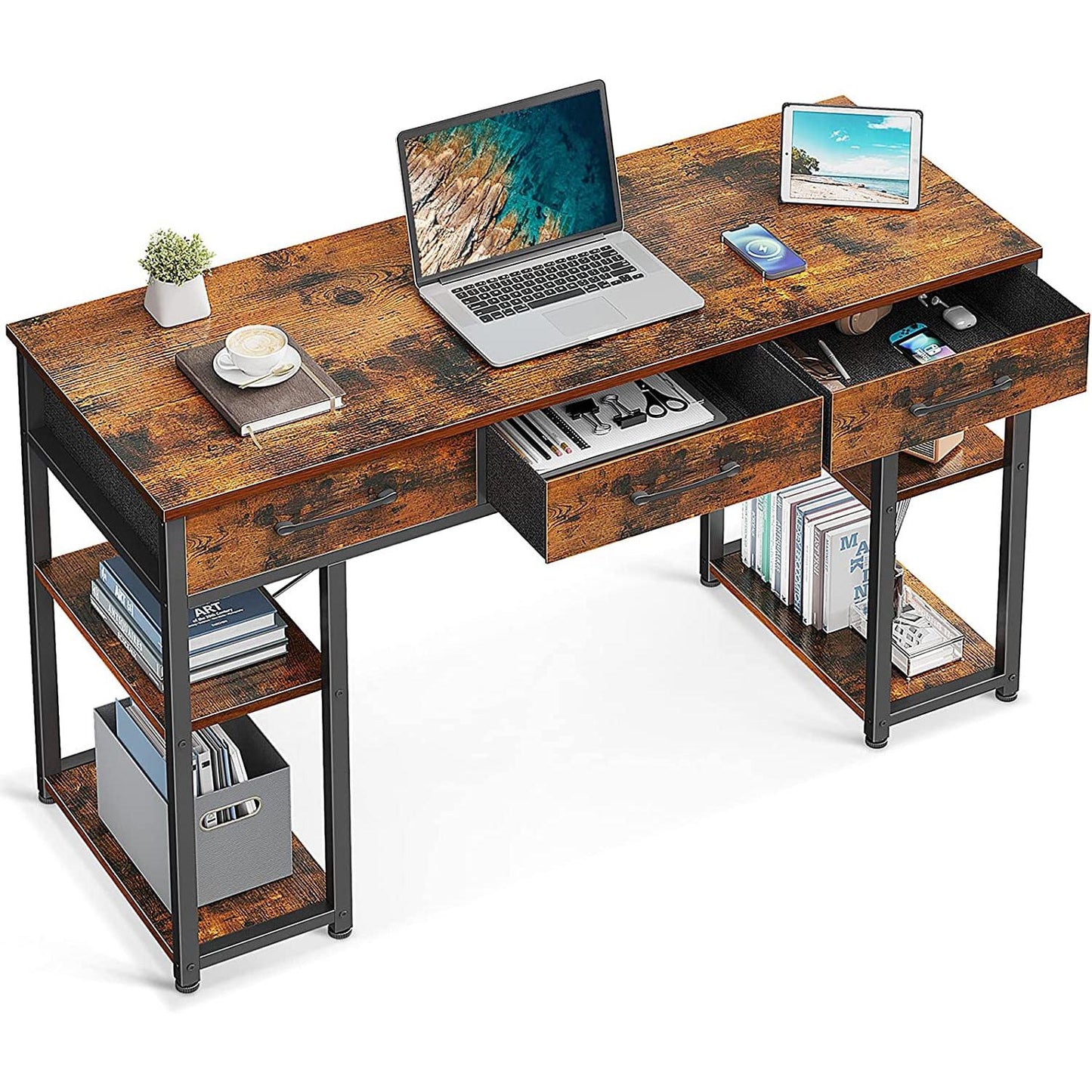 Vintage Writing Desk With Three Fabric Drawers For Office