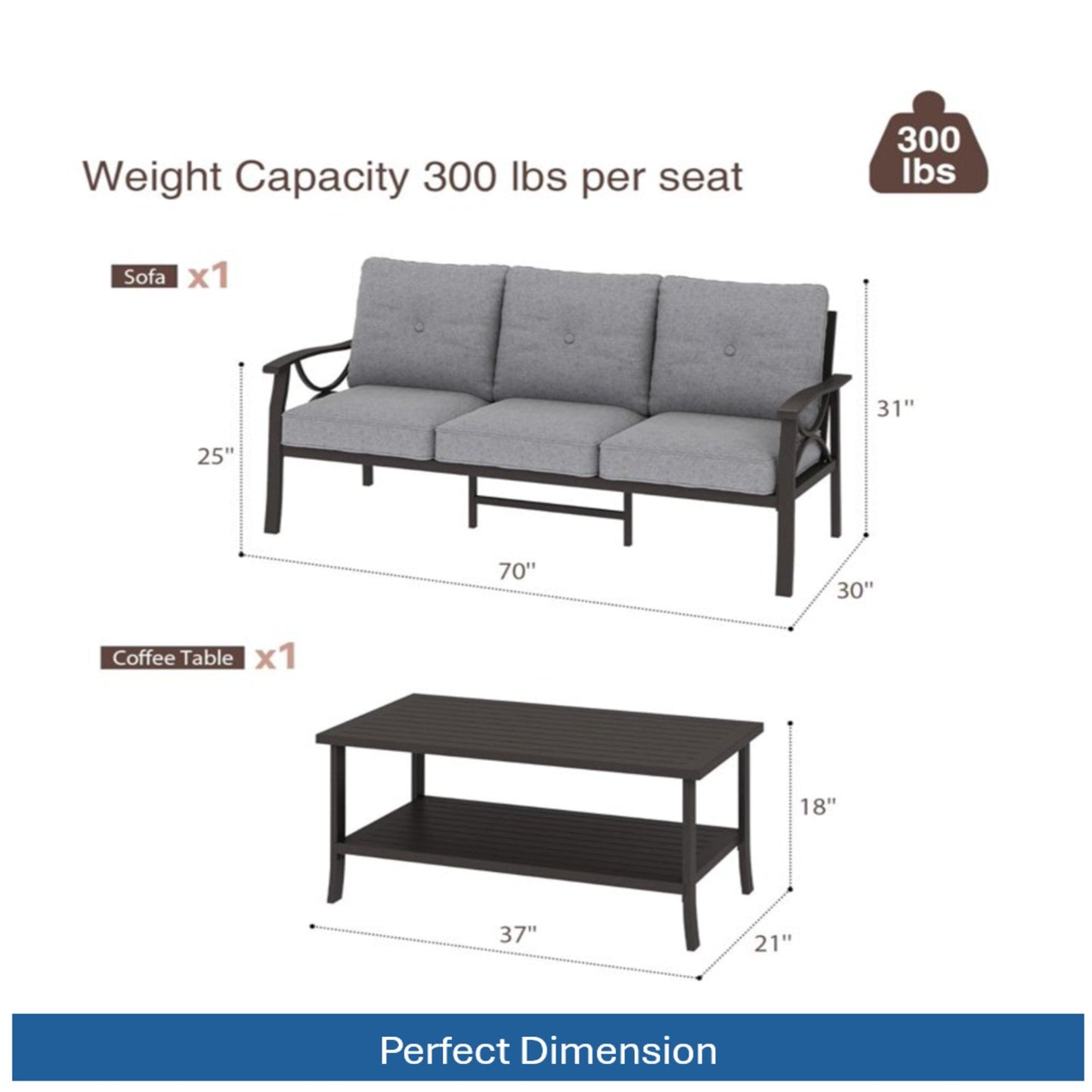 2 Piece Outdoor Patio Set, 70” All-Weather Metal 3-Seat Sofa