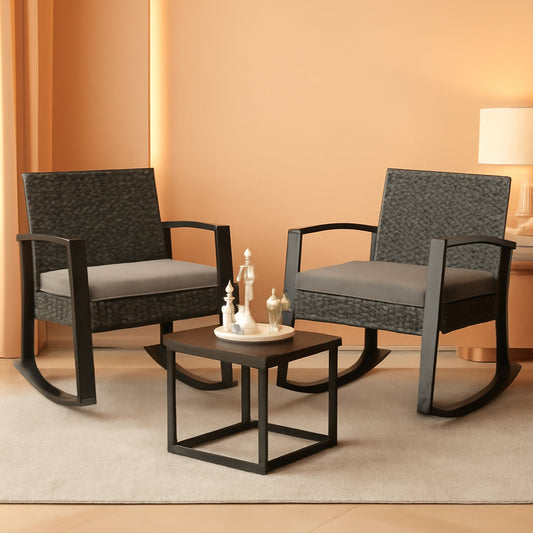 3 Piece Rattan Rocking Bistro Set With Coffee Table Outdoor Patio Furniture Grey Cushions
