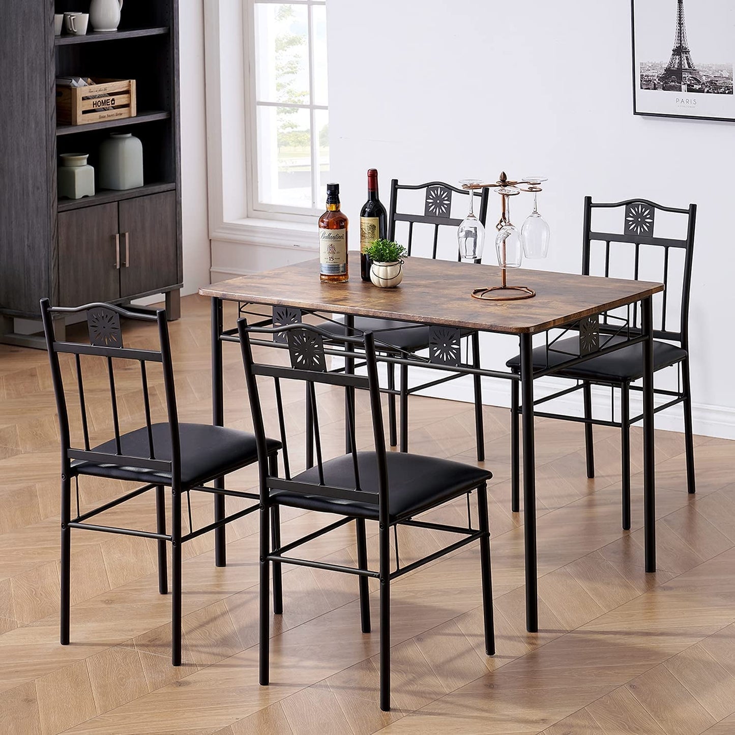 Dining Table Set For 4 With Wood Top Table And Stowable Chairs In Retro Brown