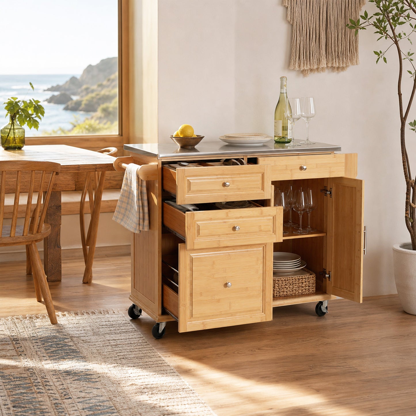 Indoor Bamboo Rolling Kitchen Island with Stainless Steel Top