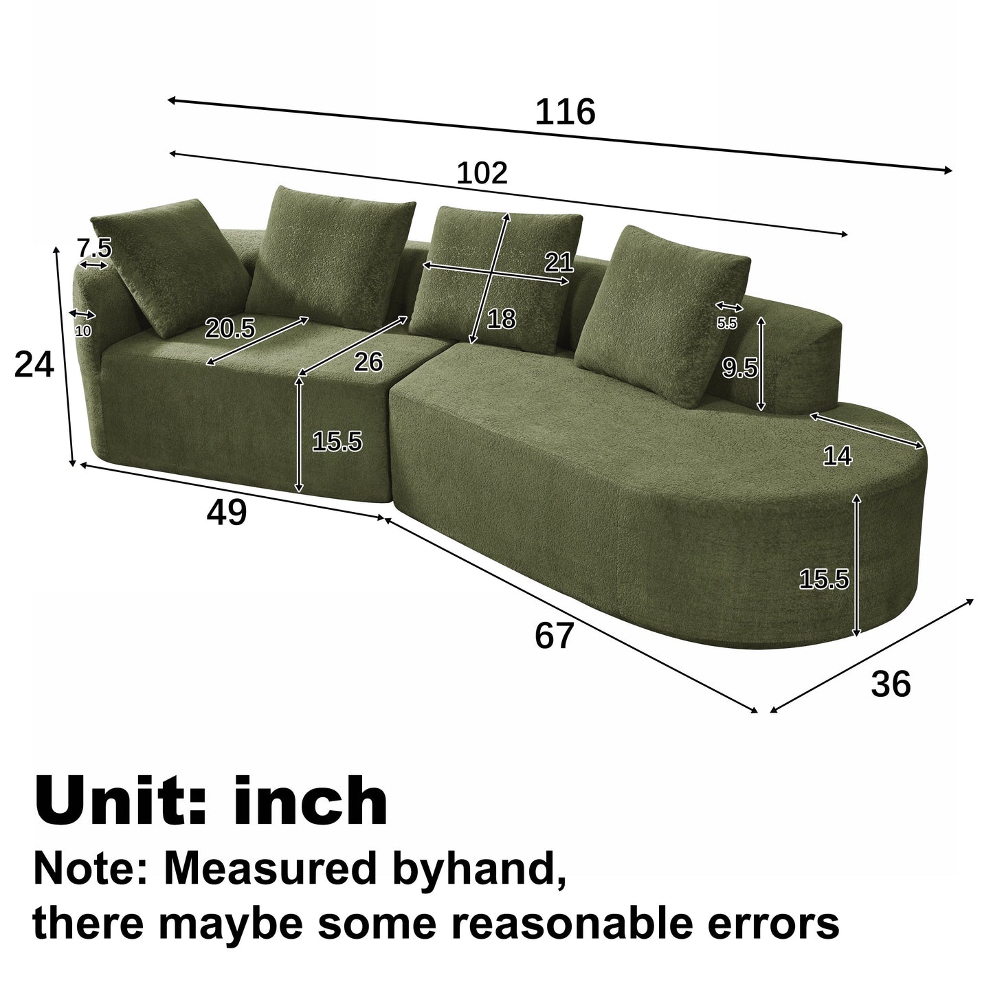 116' Modern Curved Sectional Sofa with High-Density Fully Compressed Sponge and Chaise Lounge, Pearl Upholstery, 2-Piece Set, Fully Assembled Right Hand Facing, Perfect for Living Room, Lounge