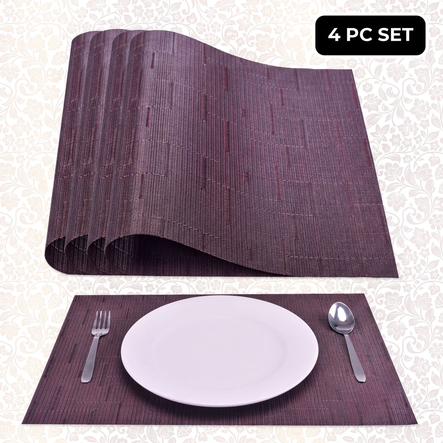 PVC Placemats – Burgundy Dining Table Mats | Non Slip, Heat Resistant, Easy Clean