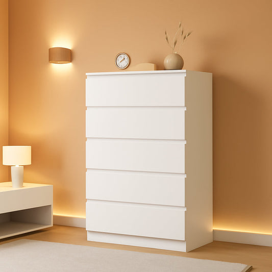 White Contemporary Solid Wood Dresser Five Drawers