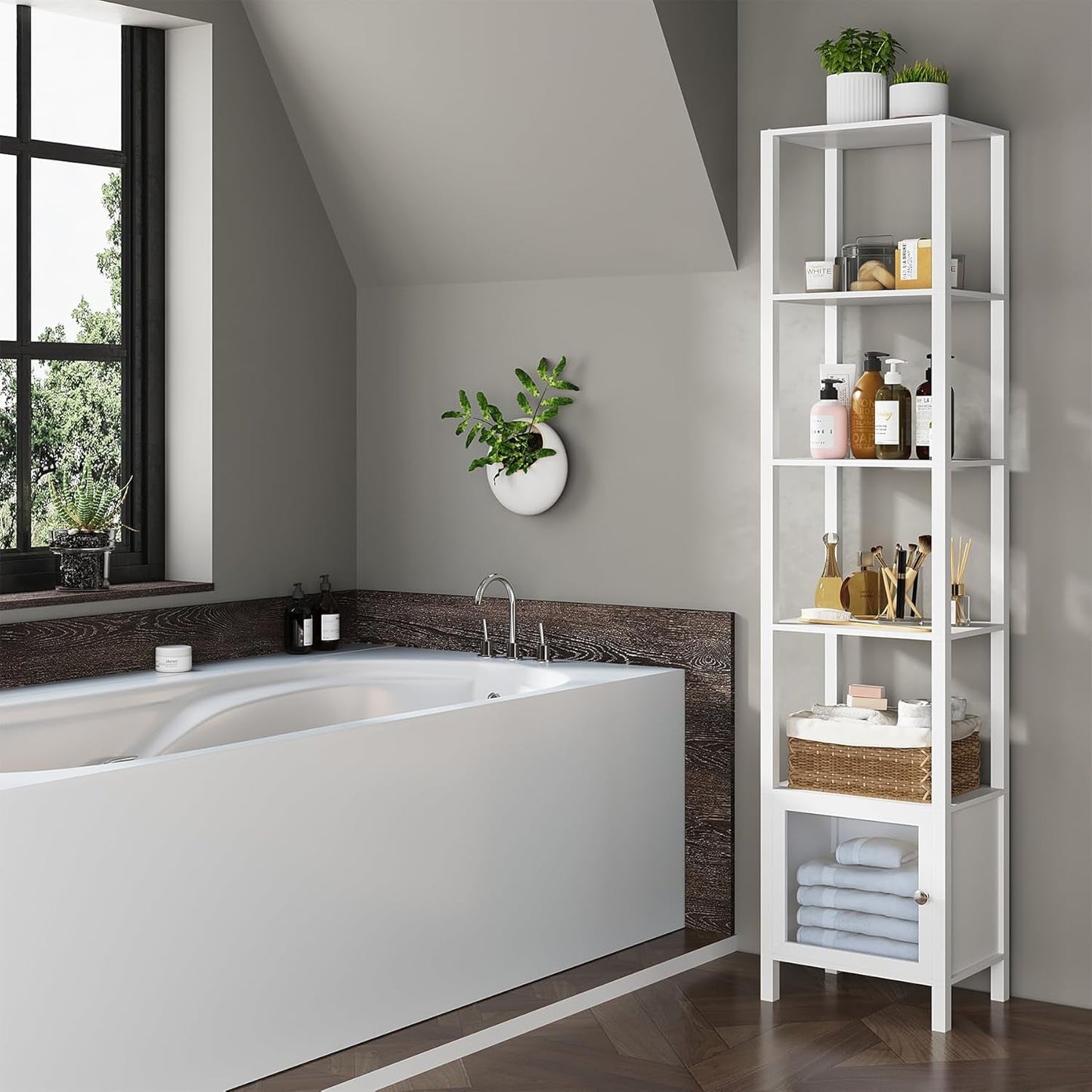 White 6-Tier Narrow Bookshelf With Door For Small Space