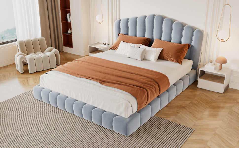 Velvet Upholstered Queen Bed Frame with Shell-Shaped Headboard
