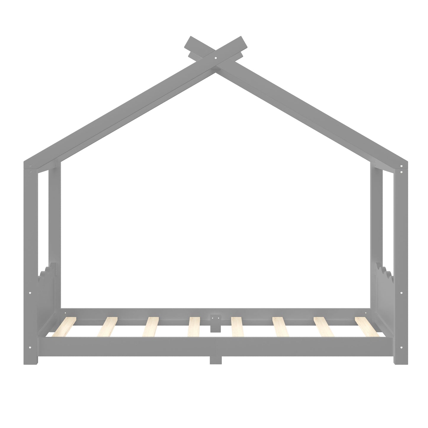 Twin House Floor Bed with Support Slats, Solid Wood House Bed Frame for Kids, No Box Spring Needed and Opening Constructure, Gray