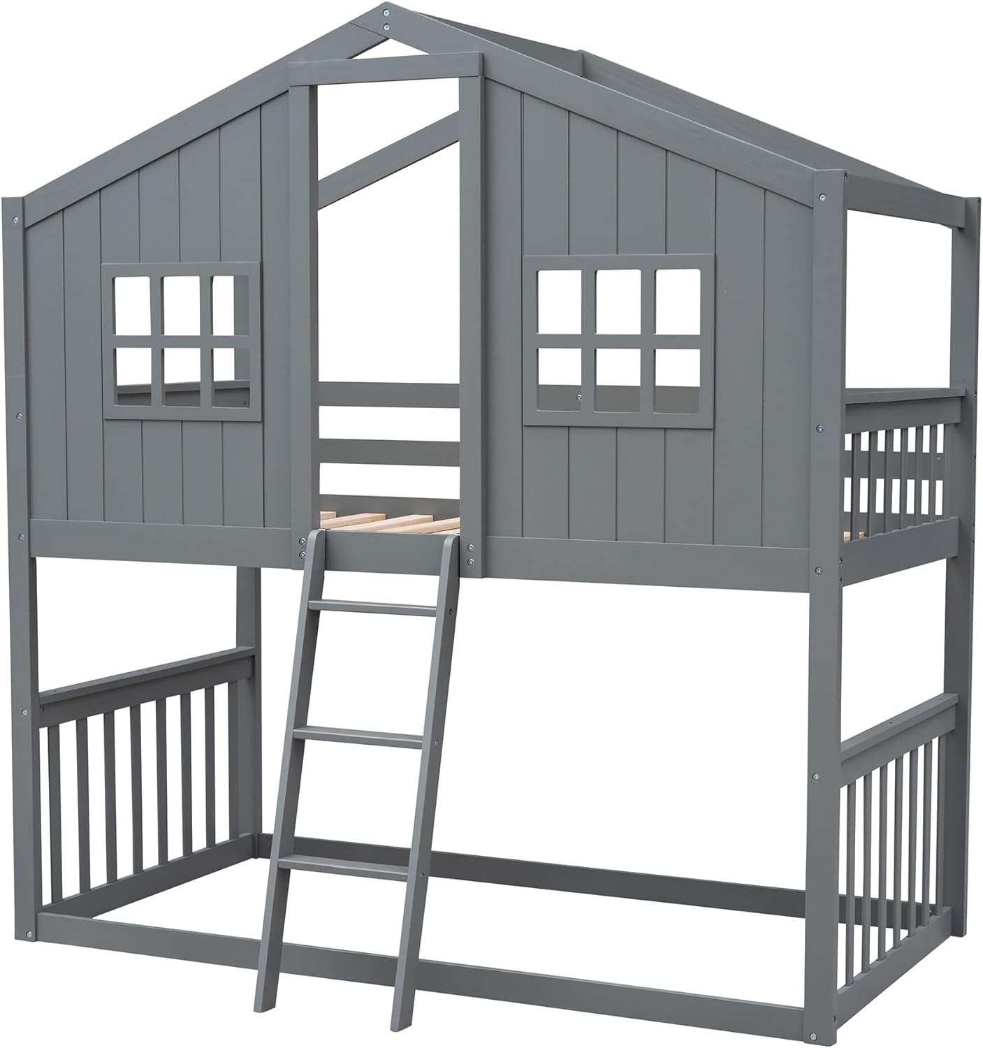Gray Twin Over Twin House Bunk Bed With Roof For Kids